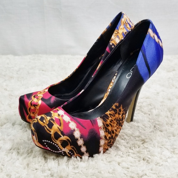 PRICED JUST RIGHT! Aldo Pumps Jewelry Mixed Print Platform Heels Sz 37 (US 6.5) - Picture 3 of 12